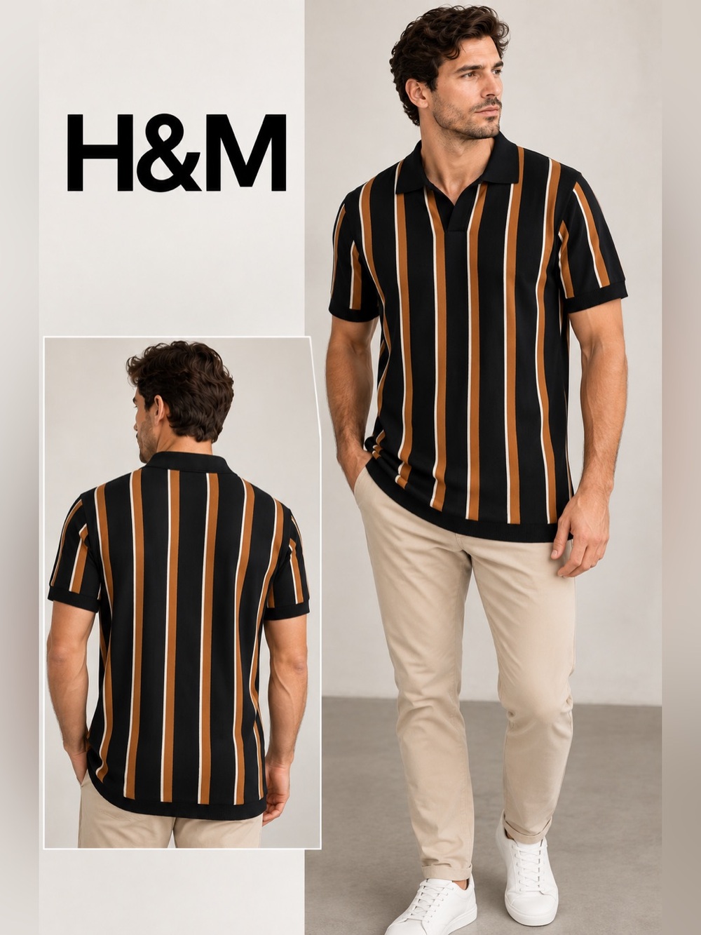 H&M Striped Knit Polo Shirt Black Brown White XS